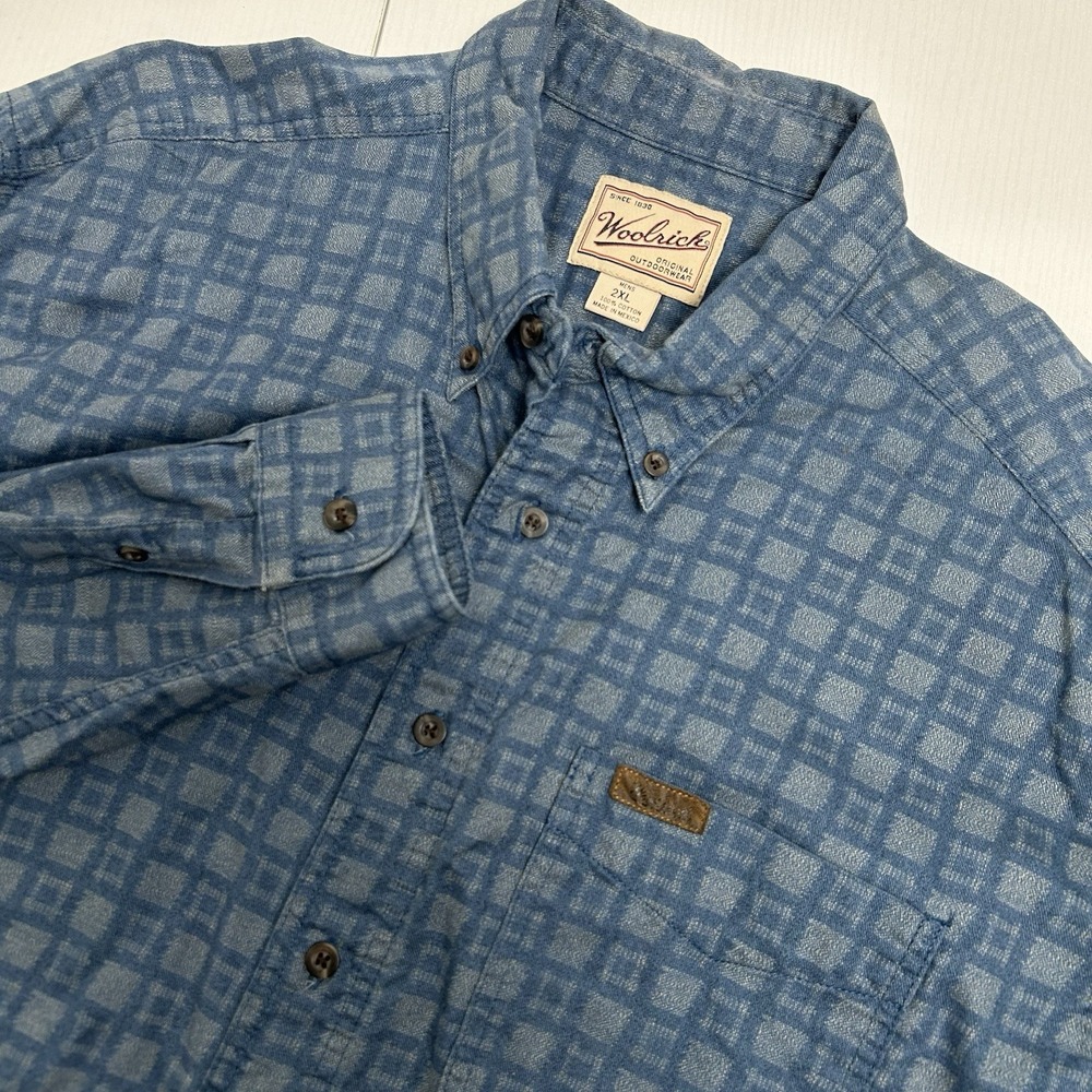 VTG Woolrich Men's Blue Flannel Shirt Size 2XL Geometric 100% Cotton Workwear